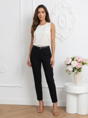 Pantaloni office negri conici cu curea subtire inclusa