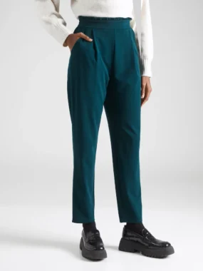 Pantaloni verde petrol cu talie inalta incretita si pliuri