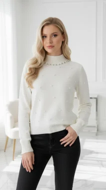 Pulover alb elegant cu perle decorative si guler inalt