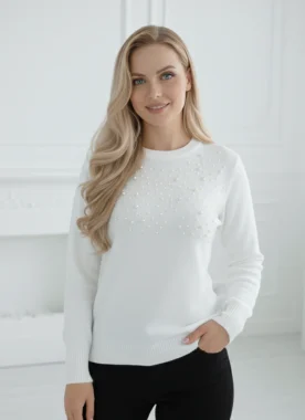 Pulover alb elegant cu perlute aplicate