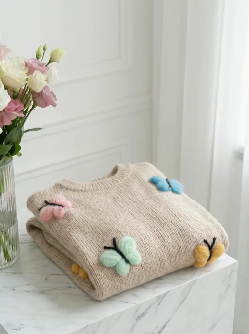 pulover-bej-cu-fluturi-colorati-3d