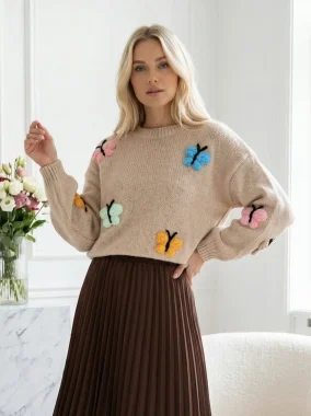 Pulover bej cu fluturi colorati 3D