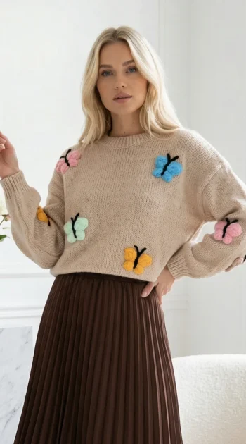 pulover-bej-cu-fluturi-colorati-3d