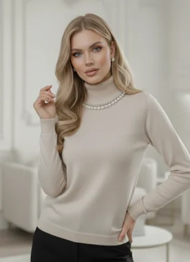 Pulover bej cu guler rulat și aplicații din perle și pietre