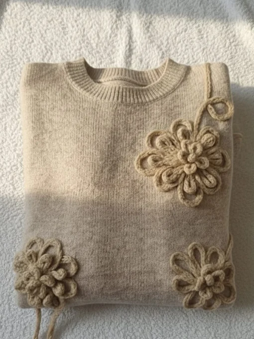 pulover-bej-din-tricot-cu-flori-tricotate-in-relief