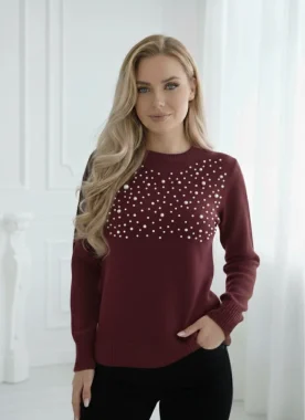 Pulover bordo elegant cu perlute aplicate