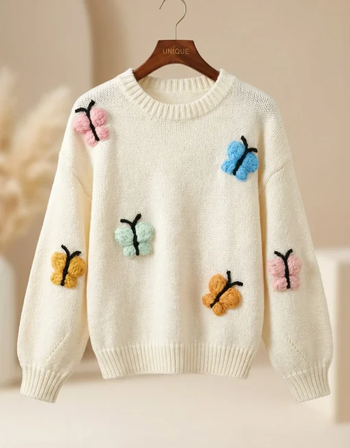 pulover-crem-cu-fluturi-colorati-3d