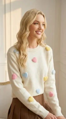 Pulover crem din tricot cu inimi aplicate 3D