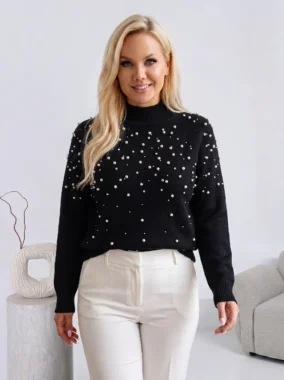 Pulover elegant cu aplicatii din perle si strasuri