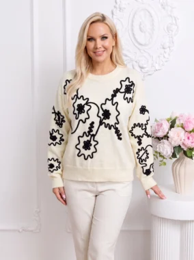 Pulover elegant din tricot fin cu broderie florala