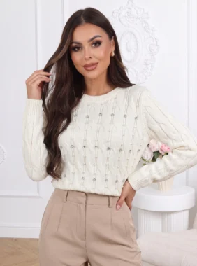 Pulover elegant din tricot torsadat cu perle si strasuri stralucitoare