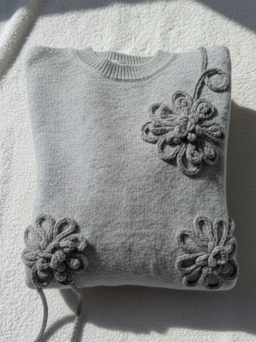 pulover-gri-din-tricot-cu-flori-tricotate-in-relief