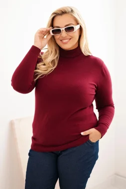 Pulover marime mare burgundy pe gat din tricot fin