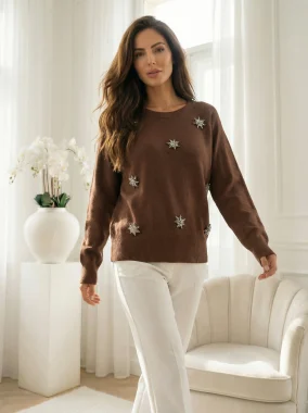 Pulover maro elegant cu aplicatii cristale tip stea