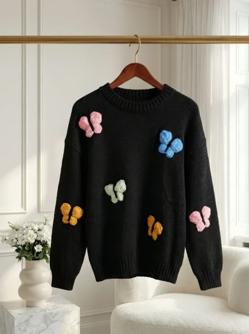 pulover-negru-cu-fluturi-colorati-3d