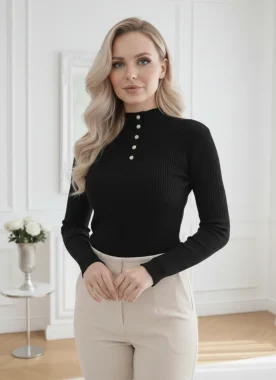 Pulover negru elegant cu nasturi perlati decorativi
