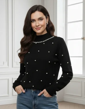Pulover negru elegant cu perle decorative si guler inalt