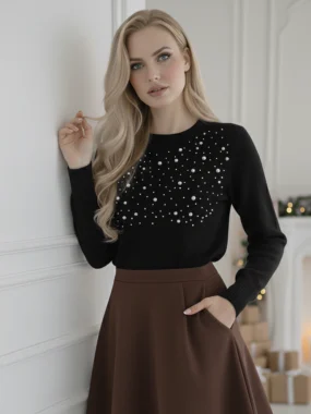 Pulover negru elegant cu perlute aplicate