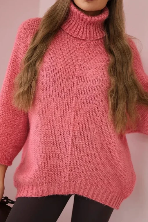 pulover-oversized-roz-tricotat-cu-guler-inalt