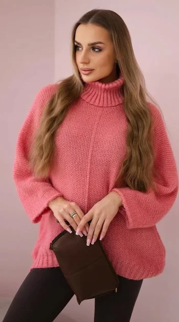 pulover-oversized-roz-tricotat-cu-guler-inalt