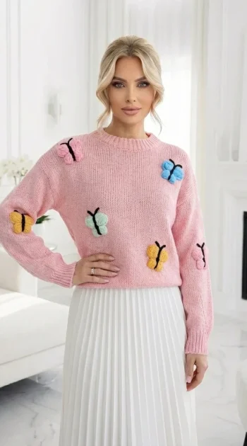 pulover-roz-cu-fluturi-colorati-3d
