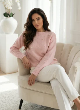 Pulover roz elegant cu perle decorative