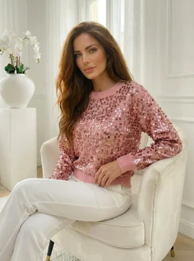 Pulover roz elegant dama cu aplicatii din paiete