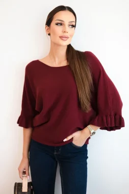 Pulover tricotat burgundy cu maneci bufante si volane