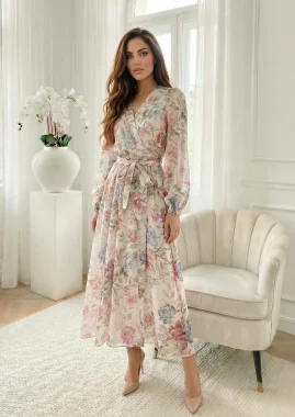 Rochie alba lunga din tencel cu imprimeu floral pastelat