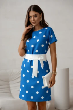 Rochie albastra cu buline albe si cordon in talie