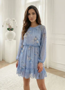 Rochie albastra cu volan si imprimeu floral romantic