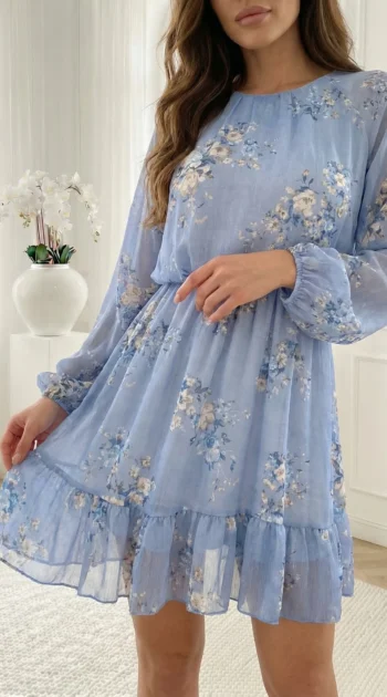 rochie-albastra-cu-volan-si-imprimeu-floral-romantic