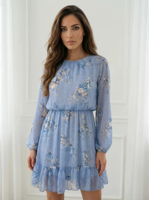 rochie-albastra-cu-volan-si-imprimeu-floral-romantic