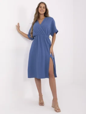 Rochie albastra din bumbac cu decolteu petrecut si crapatura laterala