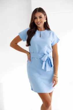 Rochie albastra eleganta cu cordon in talie si decolteu in V discret