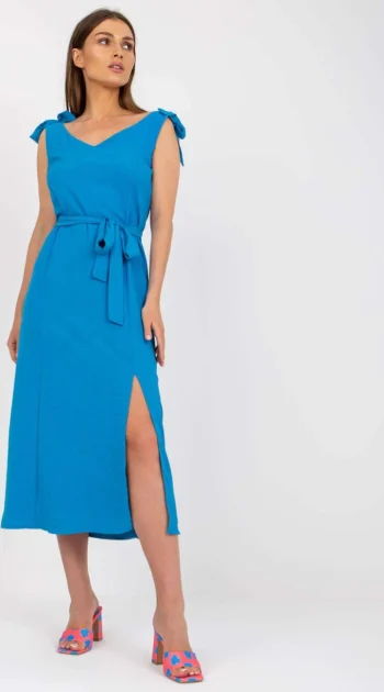 rochie-albastra-midi-cu-crapatura-laterala-si-bretele-cu-funde