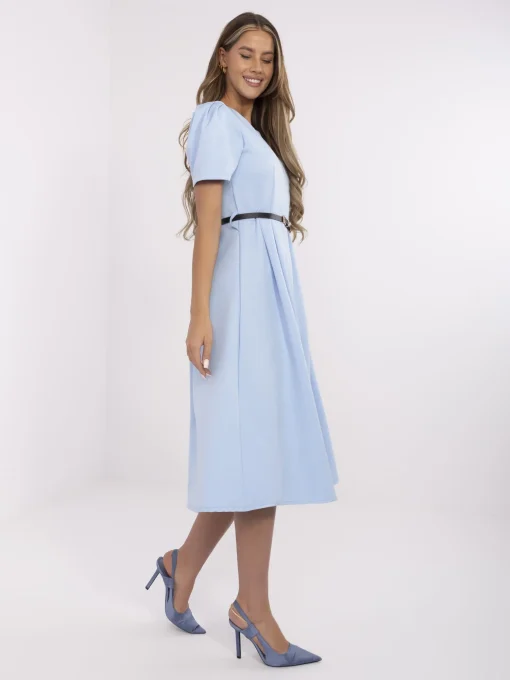 rochie-albastra-midi-cu-maneci-scurte-si-curea-in-talie