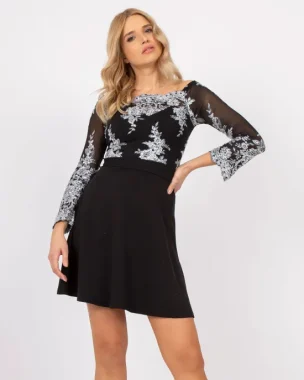 Rochie eleganta neagra cu aplicatii argintii si maneci din tull