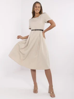 Rochie bej midi cu maneci scurte si curea in talie