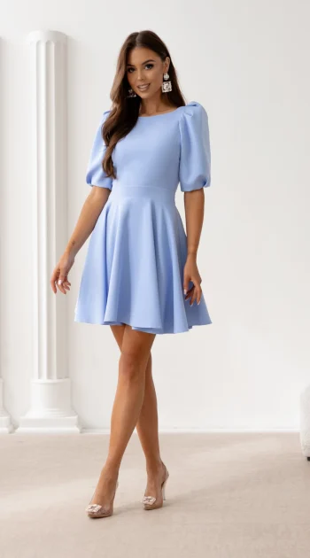 rochie-bleu-eleganta-scurta-cu-maneci-bufante
