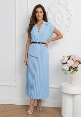 Rochie bleu eleganta tip sacou cu fusta plisata si curea