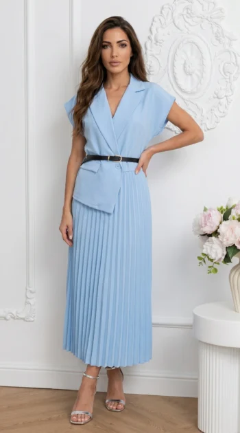 rochie-bleu-eleganta-tip-sacou-cu-fusta-plisata-si-curea