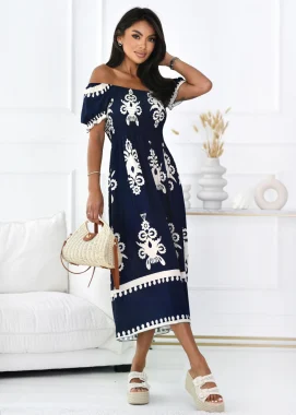 Rochie bleumarin cu imprimeu crem si bust elastic