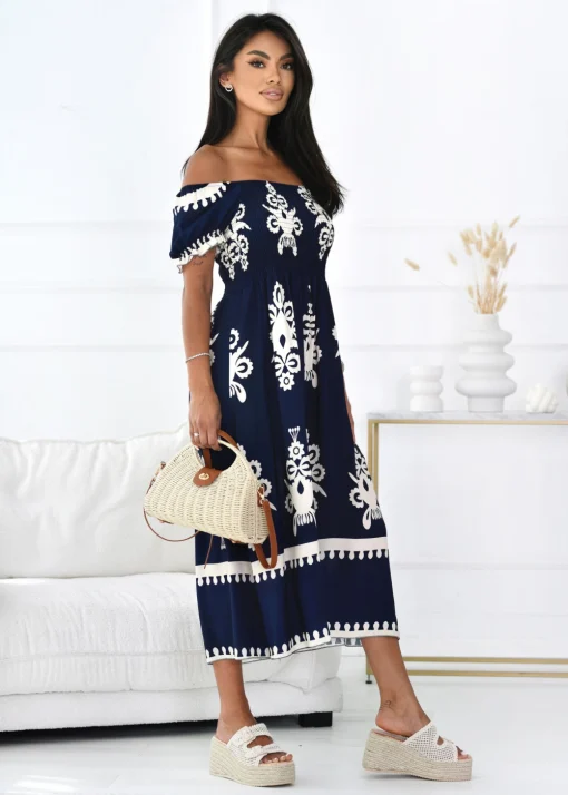 rochie-bleumarin-cu-imprimeu-crem-si-bust-elastic