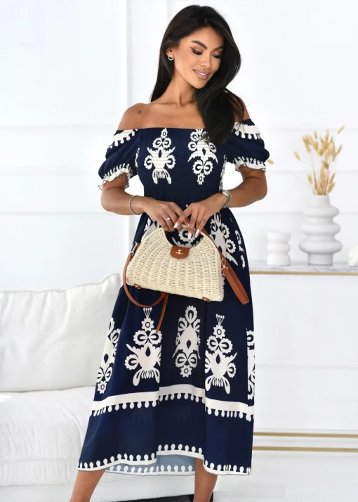 rochie-bleumarin-cu-imprimeu-crem-si-bust-elastic