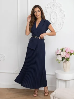 Rochie bleumarin eleganta tip sacou cu fusta plisata si curea