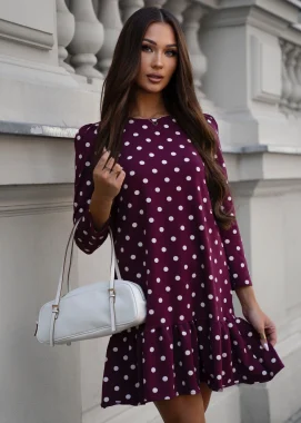 Rochie bordo din bumbac cu buline albe si croi lejer