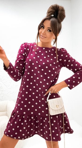 rochie-bordo-din-bumbac-cu-buline-albe-si-croi-lejer