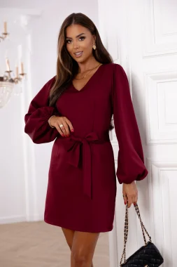 Rochie bordo eleganta scurta cu maneci bufante si cordon in talie