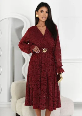 Rochie burgundy eleganta din dantela cu decolteu petrecut si maneci lungi